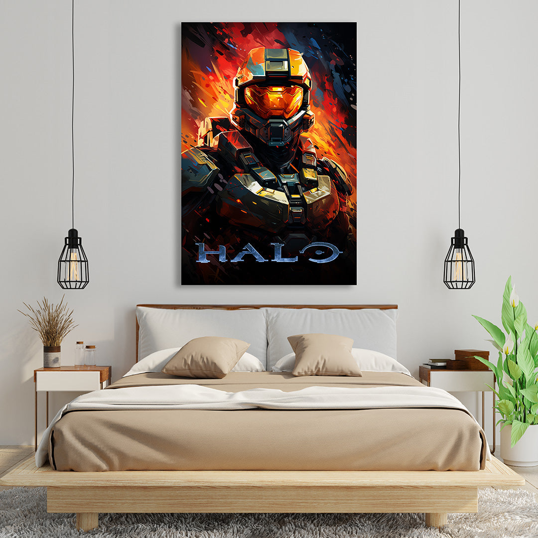 Halo: Master Chief's Fiery Stand | Gaming Canvas Poster