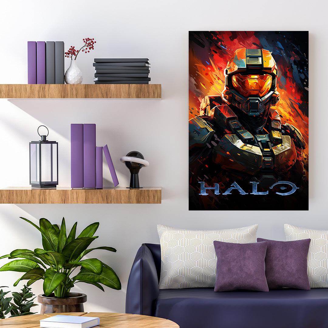 Halo: Master Chief's Fiery Stand | Gaming Canvas Poster